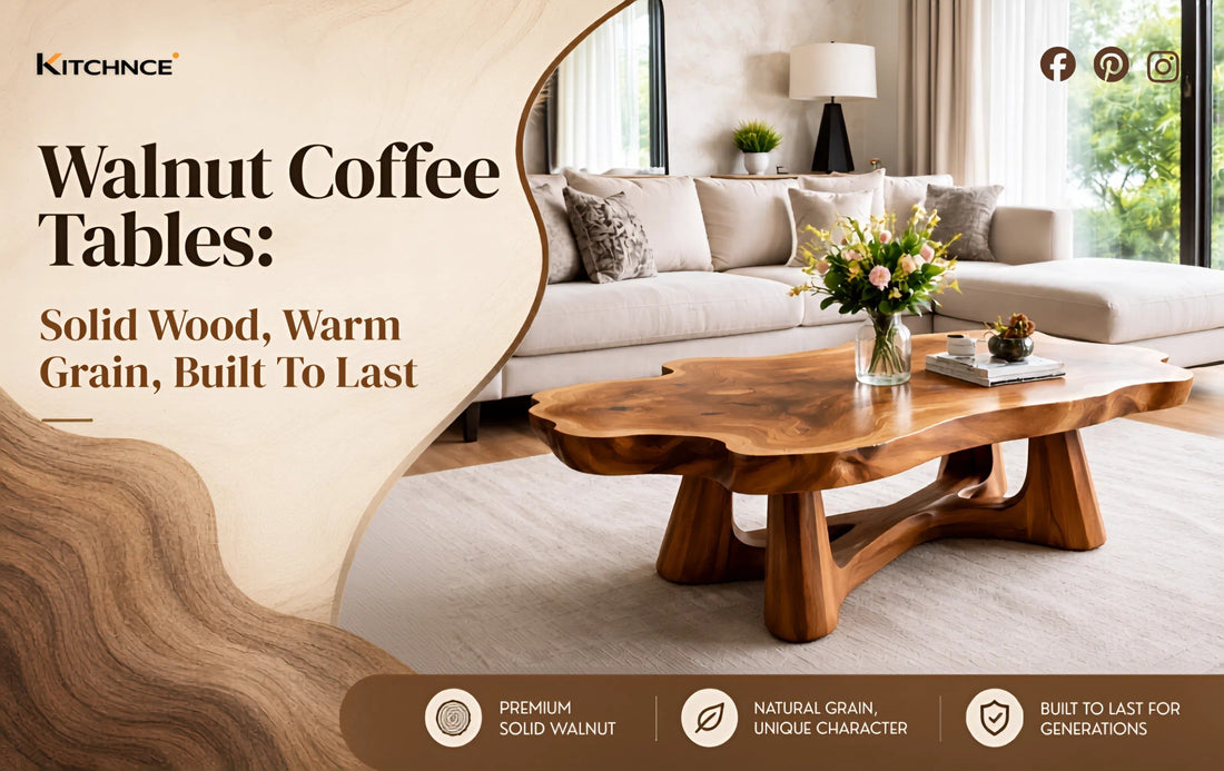 Walnut coffee tables collection solid wood warm chocolate brown grain living room natural light 2026