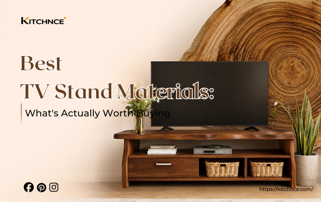 Best TV stand materials 2026 solid walnut wood grain warm tones media console living room natural light