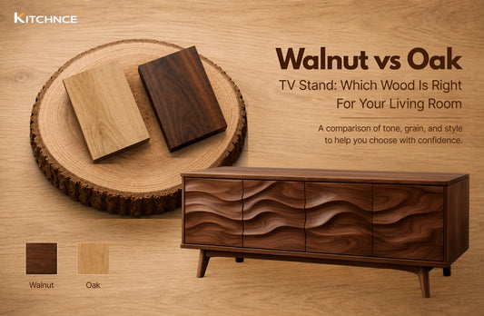 Walnut vs oak TV stand side by side comparison solid wood grain color warm chocolate brown vs cool light grain 2026