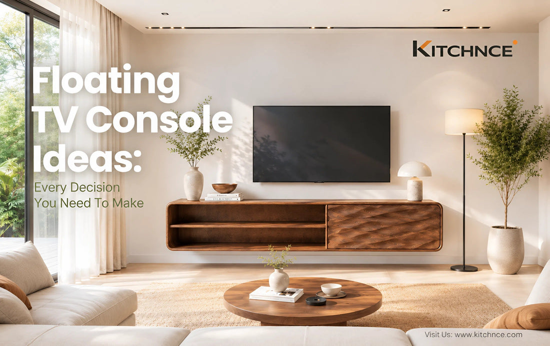 Floating walnut TV console mounted on warm white wall, TV above at eye level, open floor visible below, warm minimal living room 2026