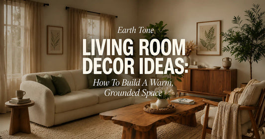 Warm earth-tone living room with a cream sofa, natural wood furniture, indoor plants, and soft sunlight creating a cozy, relaxing atmosphere.