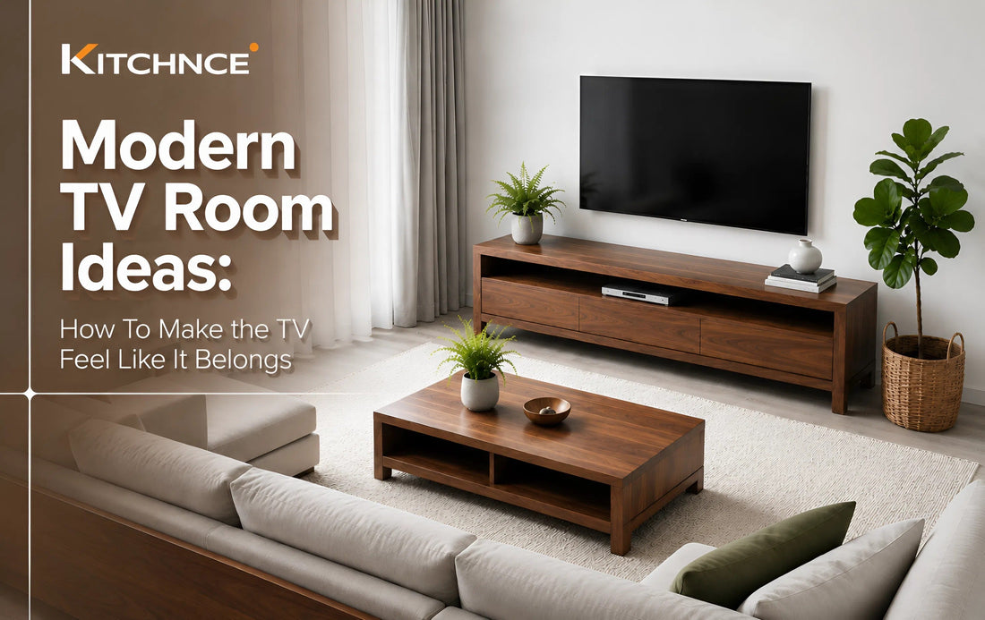 modern TV room ideas walnut media console floating TV wall warm lighting cohesive living room