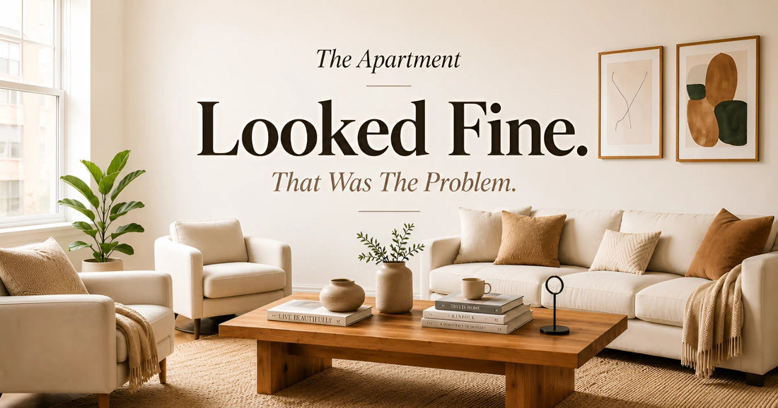 Minimalist apartment living room with neutral tones, modern furniture, and soft natural light.