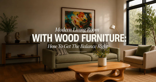 Modern living room with warm wood furniture and neutral tones.