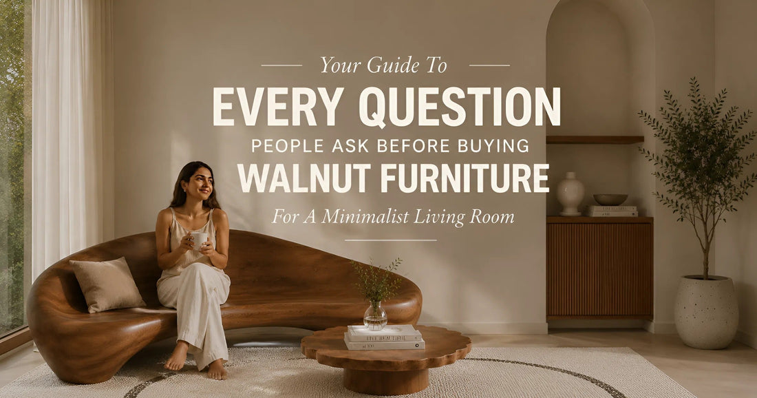 Minimalist living room with walnut furniture and warm neutral tones.