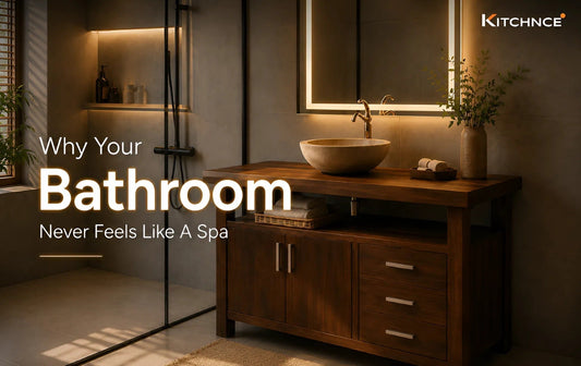Warm Japandi bathroom with walnut vanity, soft lighting, and spa-like atmosphere.