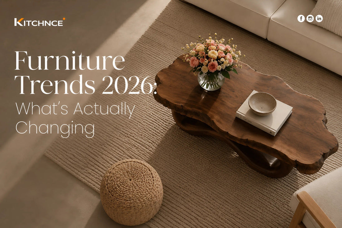  furniture trends 2026 dark walnut wood handcrafted organic shapes warm interior living room