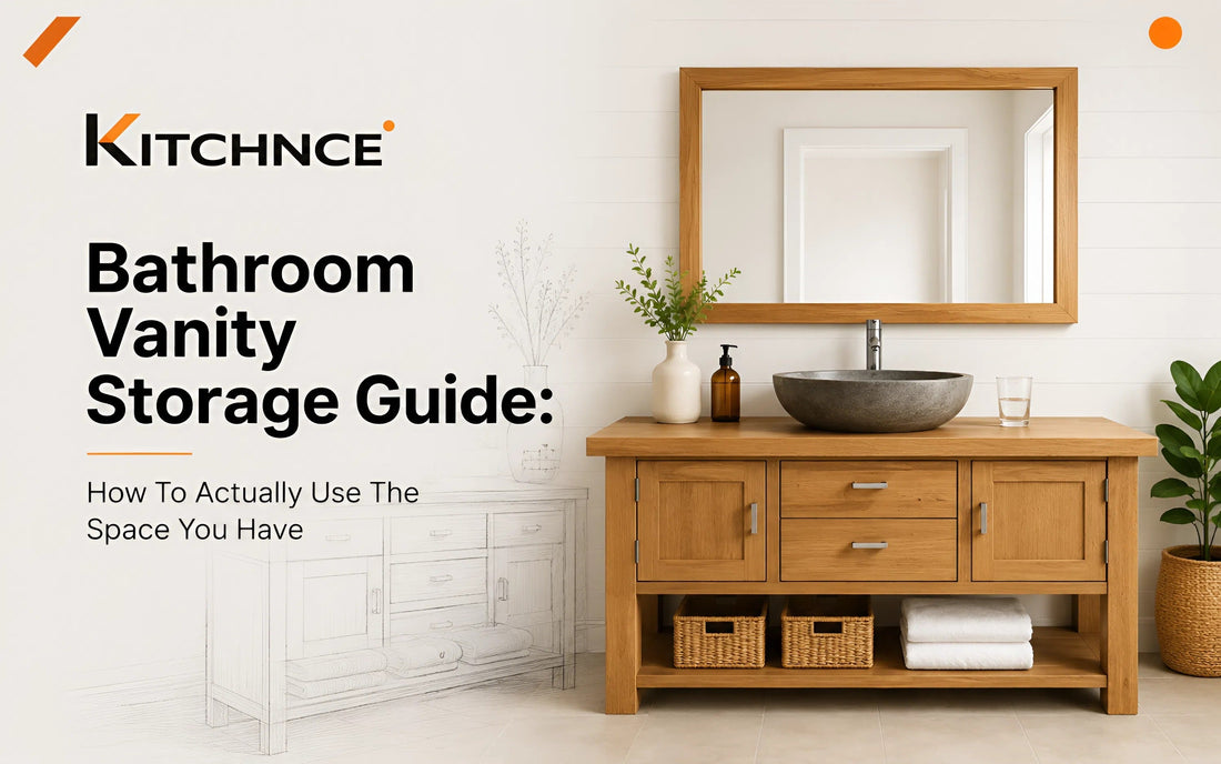 Solid wood bathroom vanity with storage drawers, vessel sink, and framed mirror in a modern bathroom.
