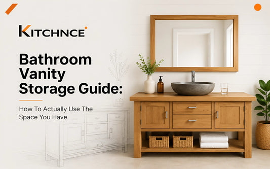Solid wood bathroom vanity with storage drawers, vessel sink, and framed mirror in a modern bathroom.