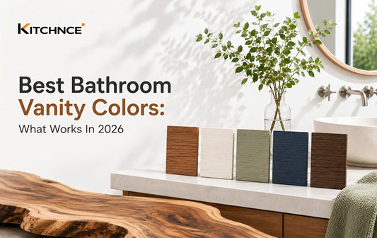Walnut bathroom vanity warm white tile brushed brass hardware natural light 2026