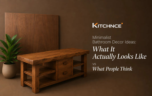 Minimalist bathroom decor ideas with warm walnut wood furniture.