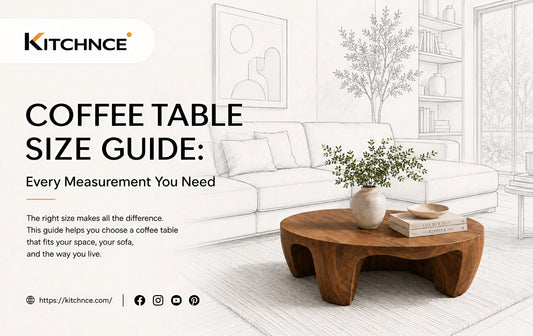 Coffee table size guide featuring a round wooden coffee table in a modern living room.