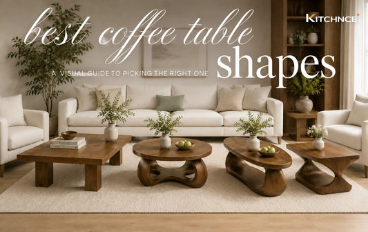 Best Coffee Table Shapes visual guide with rectangular, round, oval, and square walnut coffee tables in a modern living room.