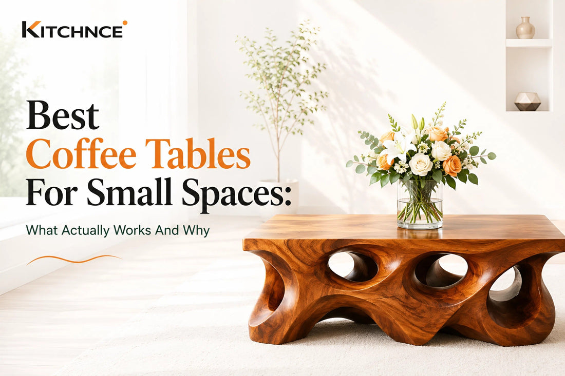 Modern sculptural wooden coffee table in a bright minimalist living room.