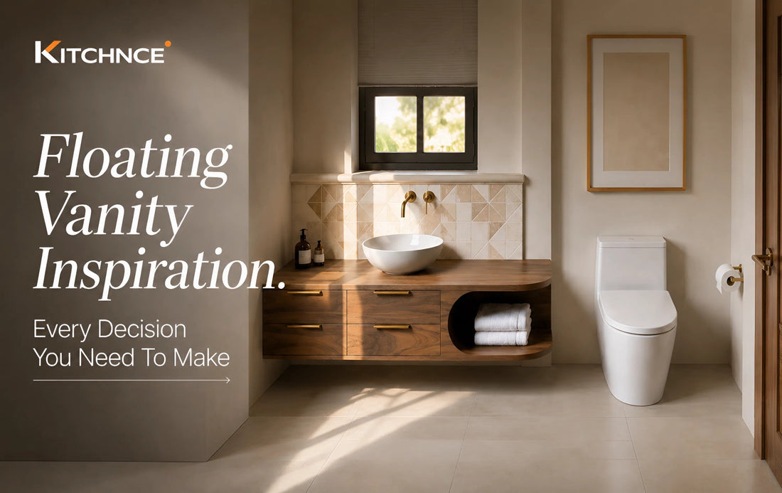 floating vanity inspiration solid walnut wood bathroom warm grain white tile modern minimal