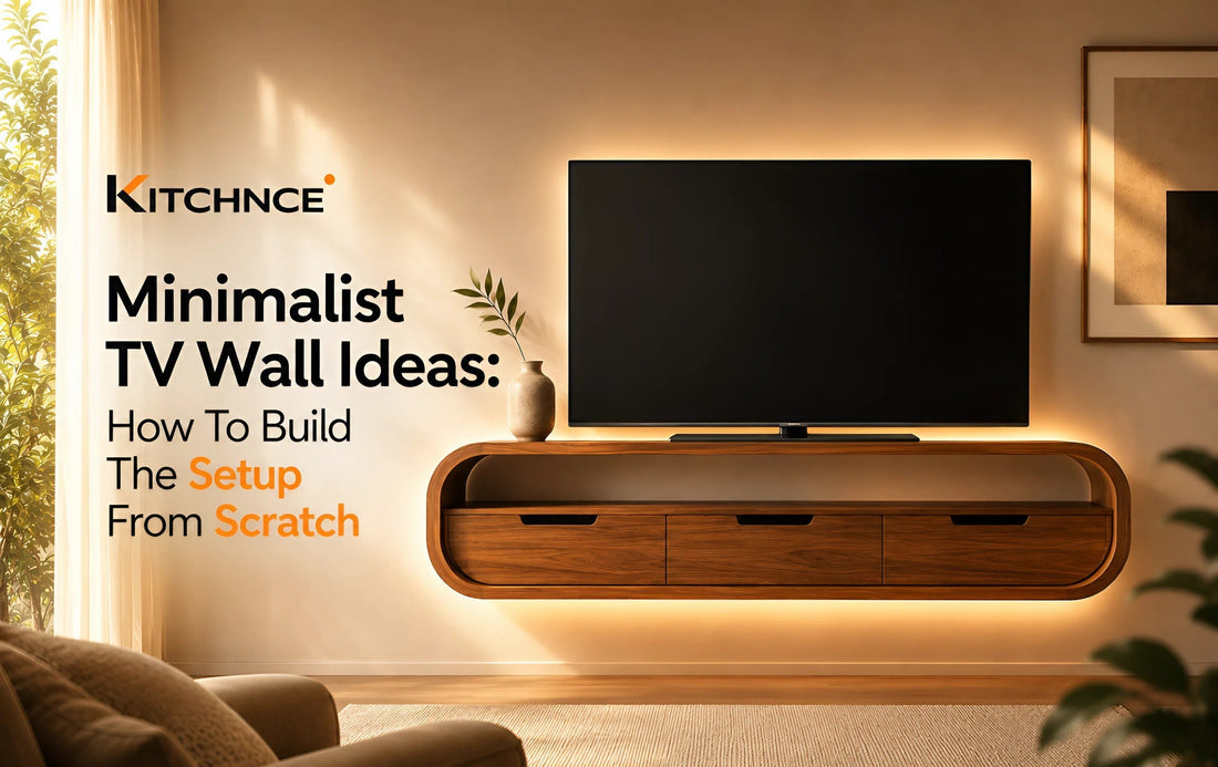 minimalist TV wall ideas floating walnut media console warm white wall eye level mount clean setup