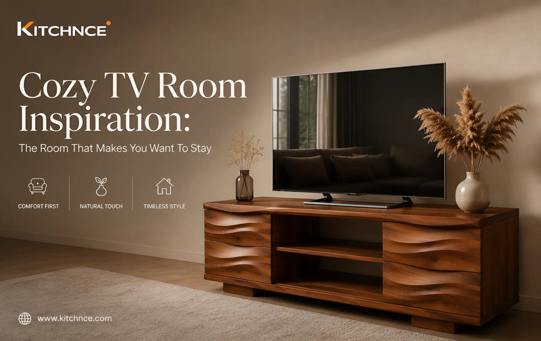 cozy TV room inspiration walnut media console warm lighting linen sofa evening atmosphere