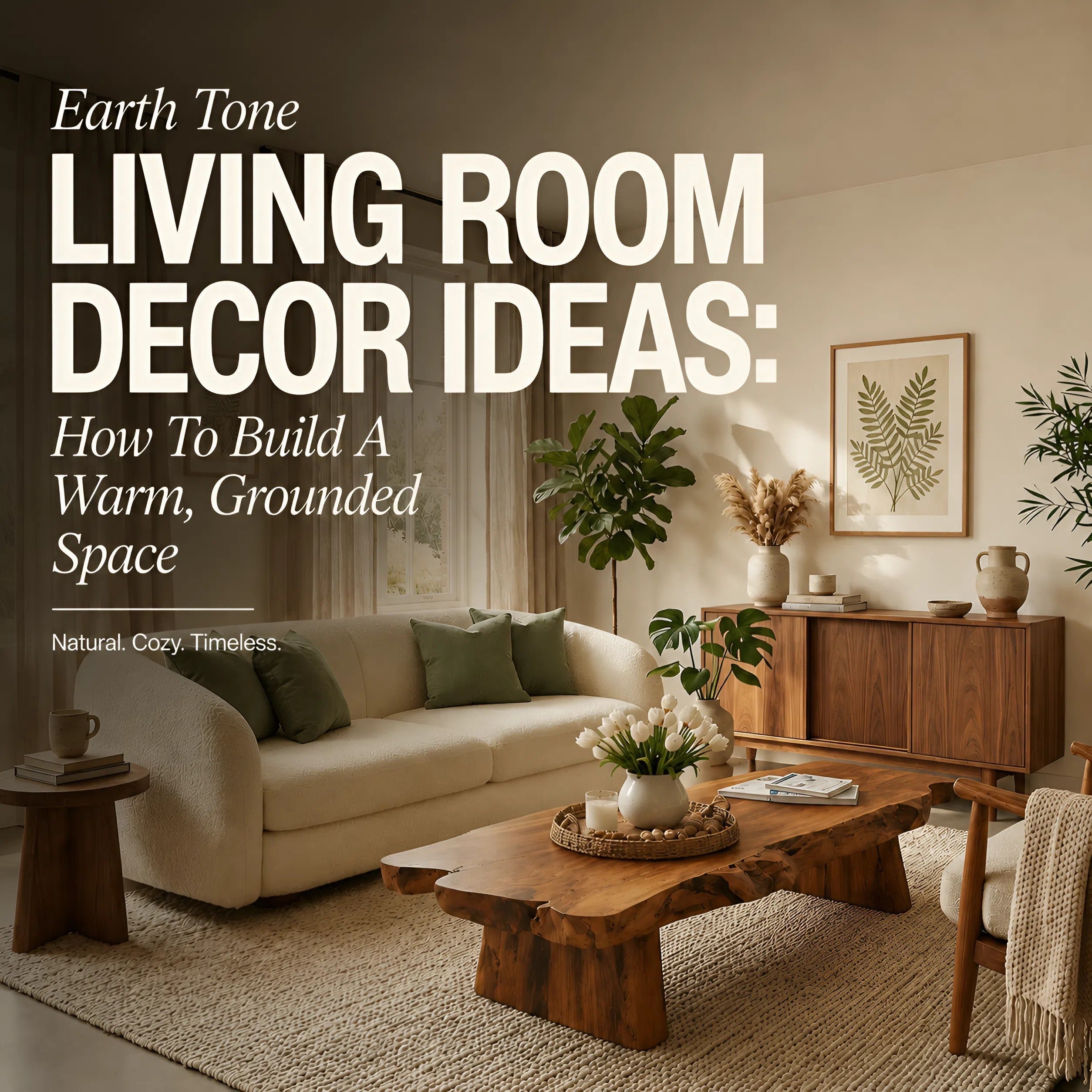 Warm earth-tone living room with a cream sofa, natural wood furniture, indoor plants, and soft sunlight creating a cozy, relaxing atmosphere.