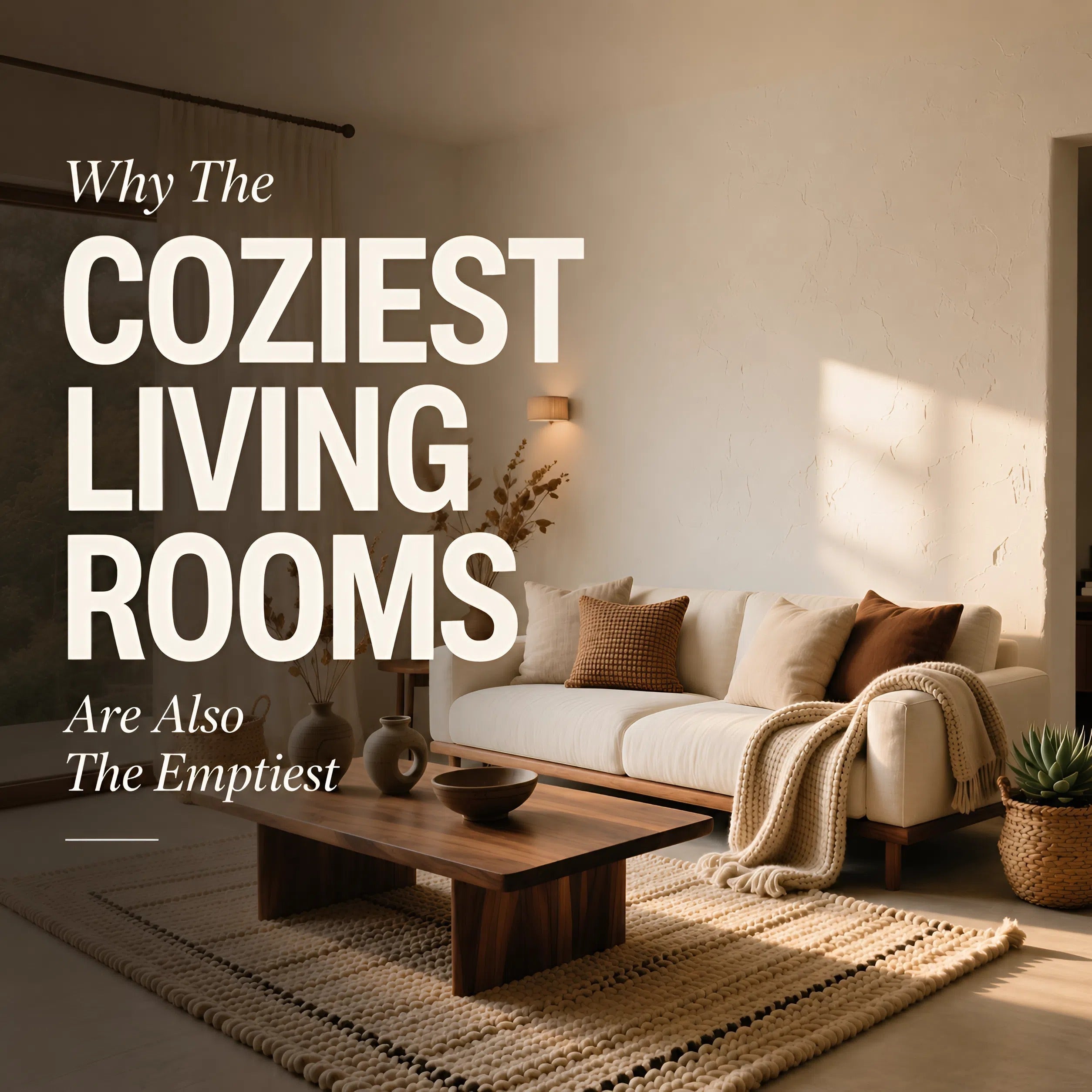 cozy minimalist living room walnut wood coffee table linen sofa warm neutral tones
