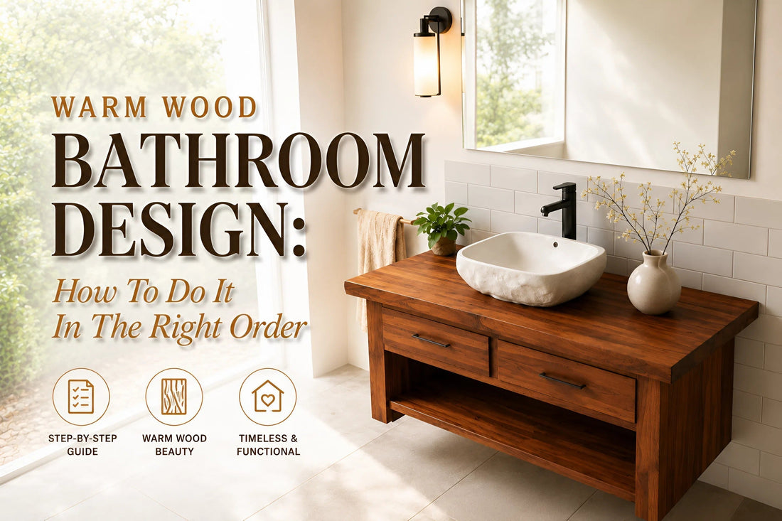 warm wood bathroom design floating walnut vanity white tile spa atmosphere warm lighting