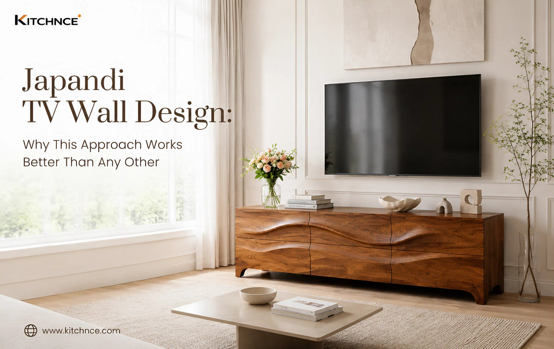 japandi TV wall design floating walnut console negative space warm white wall minimal calm