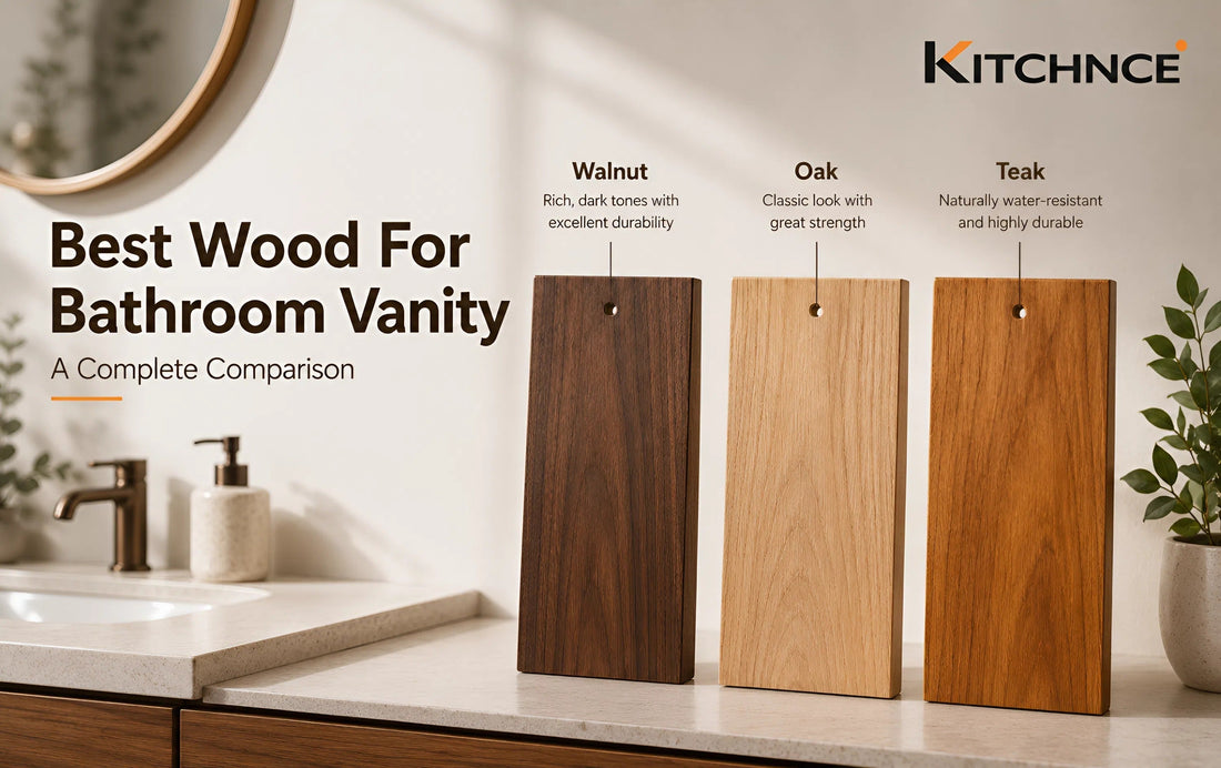 nut, oak, and teak wood comparison for bathroom vanities.