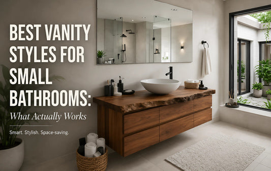 Floating walnut vanity small bathroom open floor warm natural light 2026