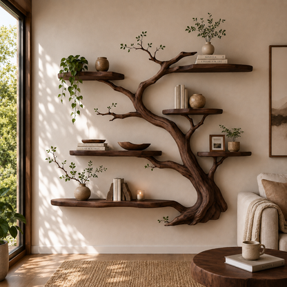 Organic Solid Wood Tree Bookshelf Floating Wall Shelf Handmade Rustic Home Decor