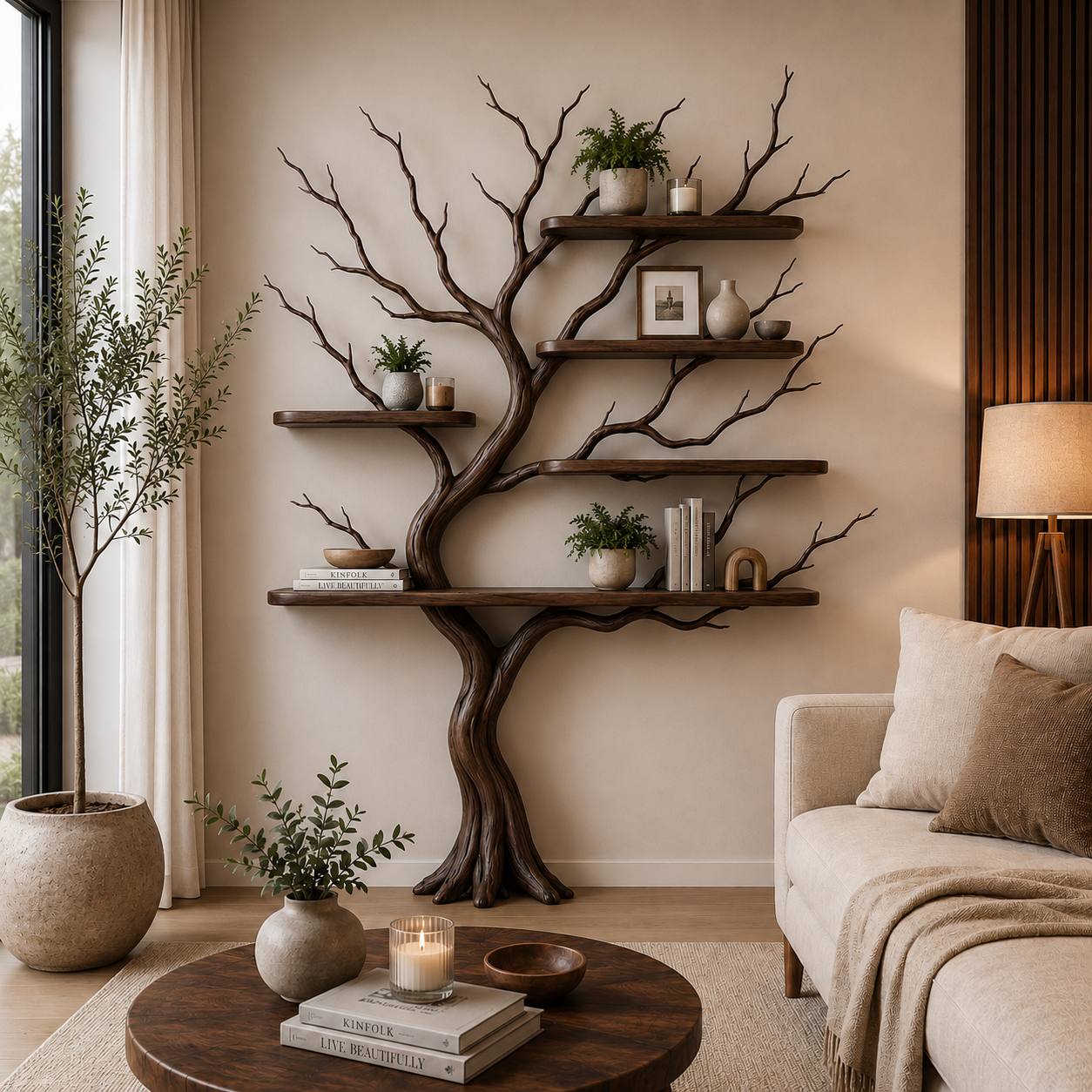Organic Solid Wood Tree Bookshelf with Floating Shelves