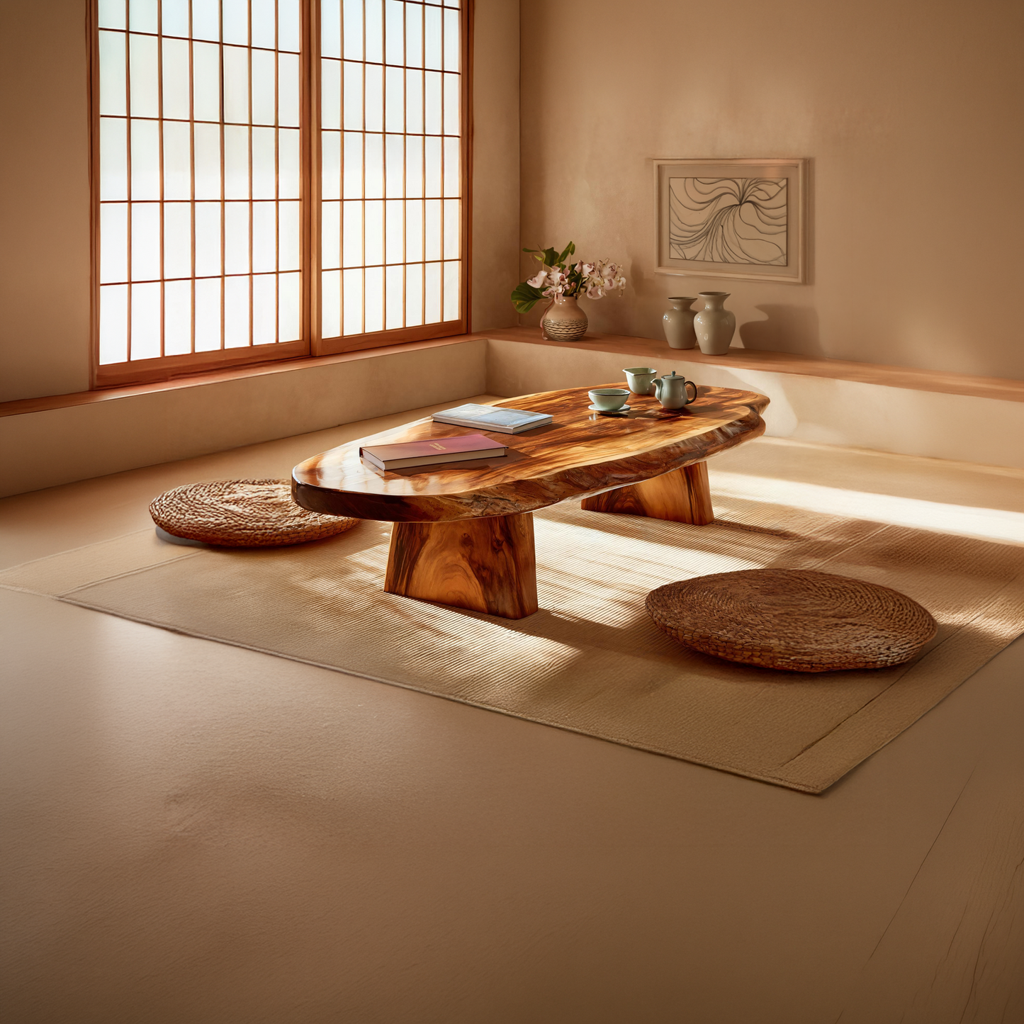Luxury Solid Wood Coffee Table  Large Oval Natural Wood Living Room Table