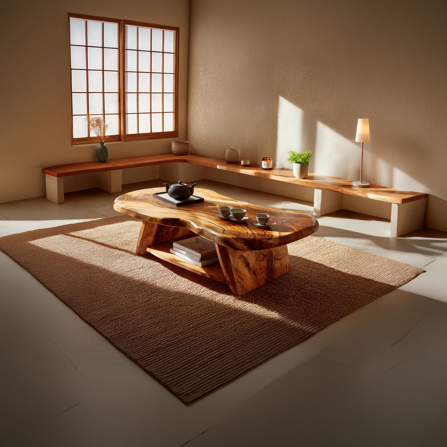 Live Edge Solid Wood Coffee Table Organic Shape Natural Wood Tea Table with Shelf