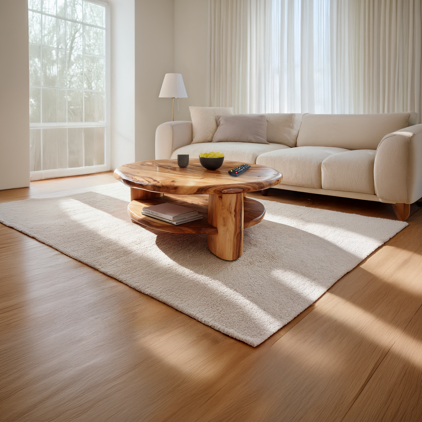 Round Solid Wood Coffee Table with Shelf Handcrafted Natural Wood Living Room Table