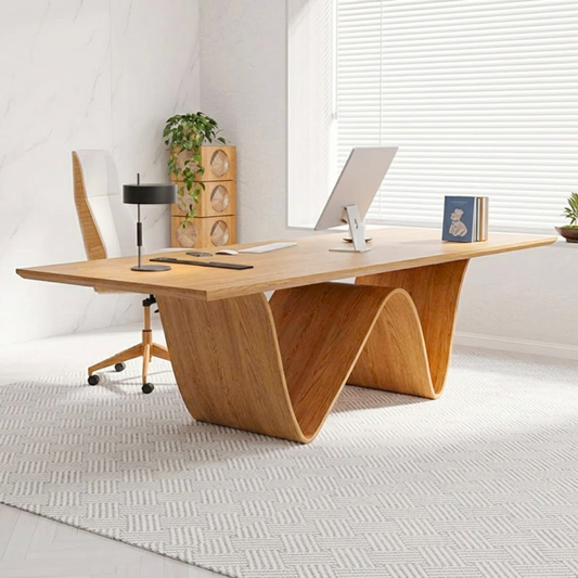 Modern Wave-Shaped Wooden Desk for Home Office, Contemporary Design