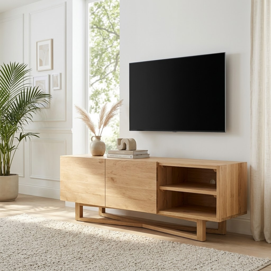 Solid Wood TV Stand with Shelves, Minimalist Entertainment Media Console Cabinet
