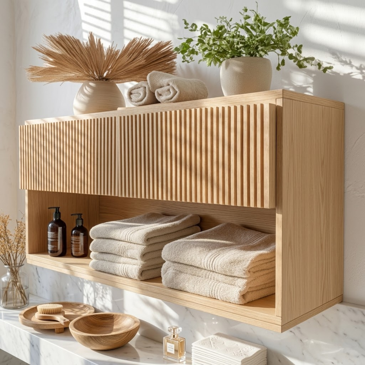 Floating Bathroom Cabinet, Modern Slatted Wall Mounted Vanity Storage Shelf Organizer
