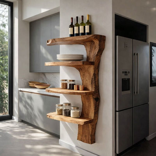 Handcrafted Solid Wood Live Edge Wall Shelf - Rustic Floating Kitchen Organizer & Display