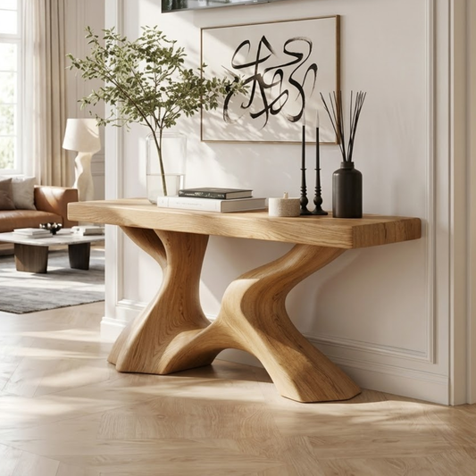 Solid Wood Console Table with Sculpted Curved Base, Modern Organic Design