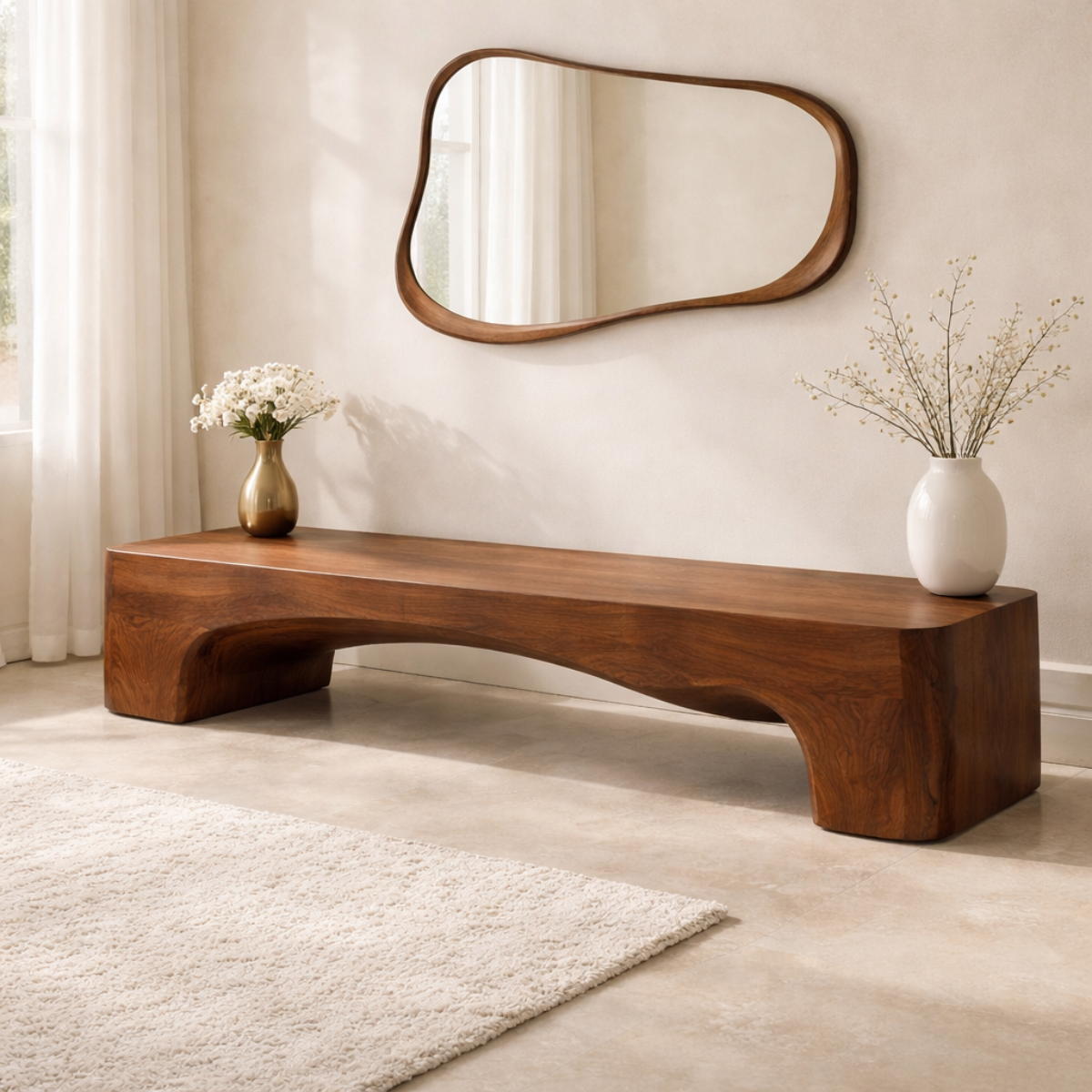 Modern Curved Entryway Bench Sculptural Hallway Seat Minimalist Console Style Furniture