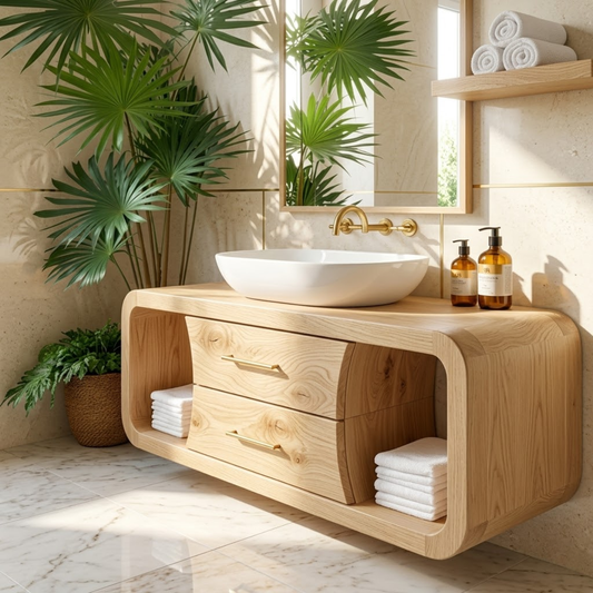 Modern Solid Wood Bathroom Vanity with Curved Frame and Open Shelf Storage