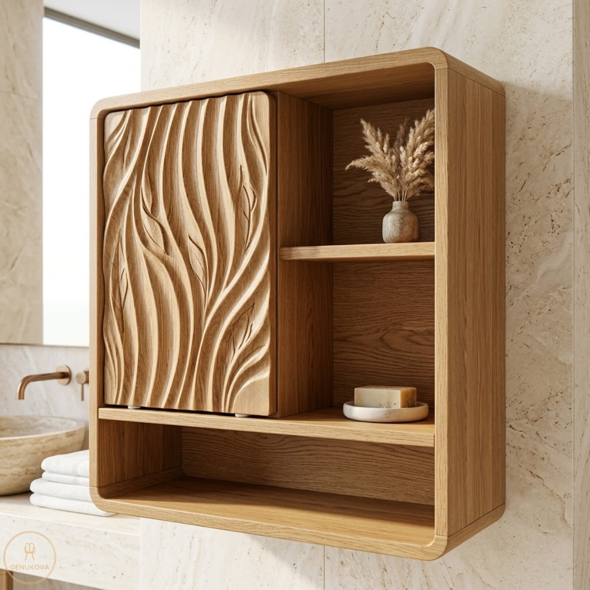 Floating Bathroom Cabinet, Modern Carved Wall Mounted Vanity Storage Organizer Unit