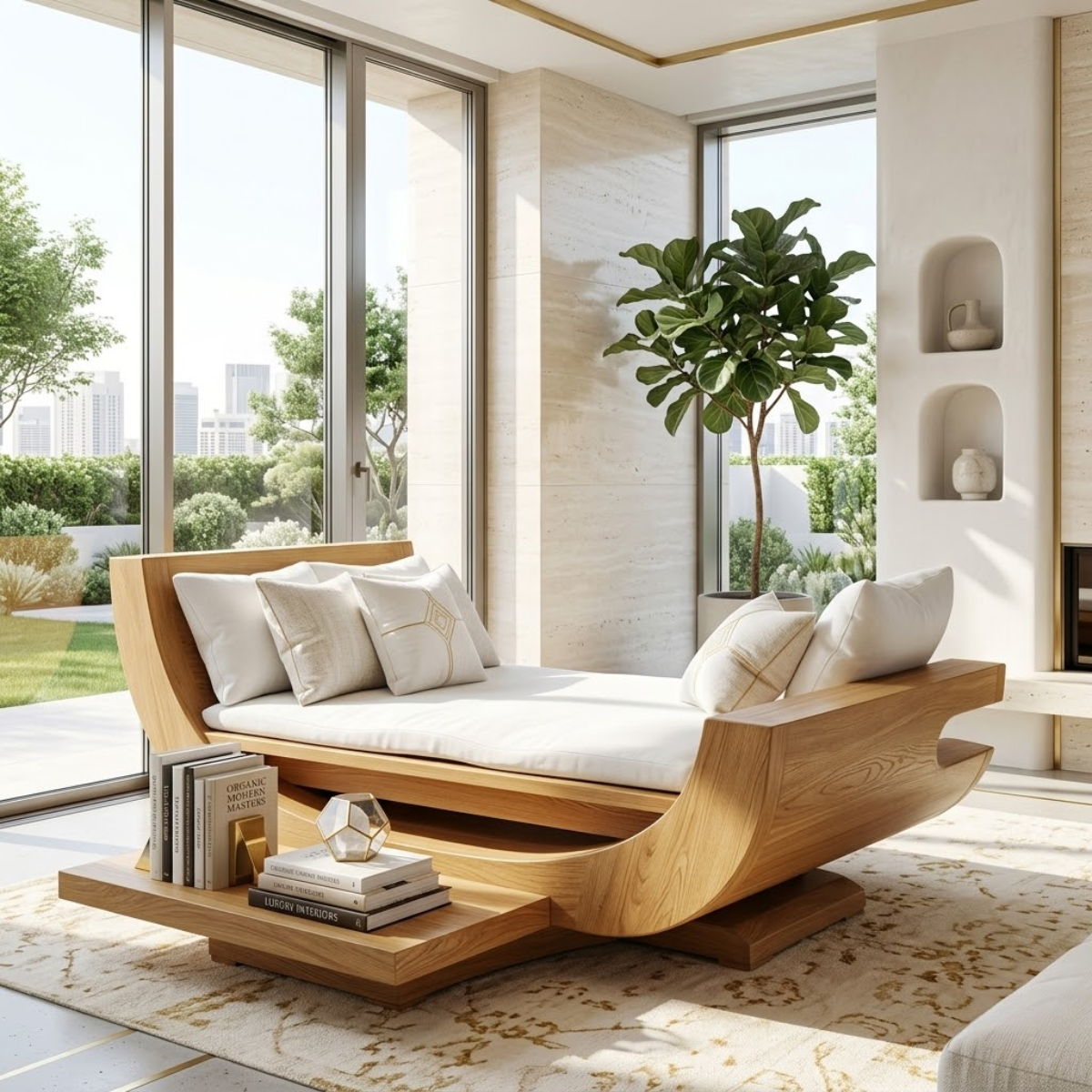 Modern Wooden Chaise Sofa, Minimalist Lounge Daybed with Built-In Bookshelf Couch