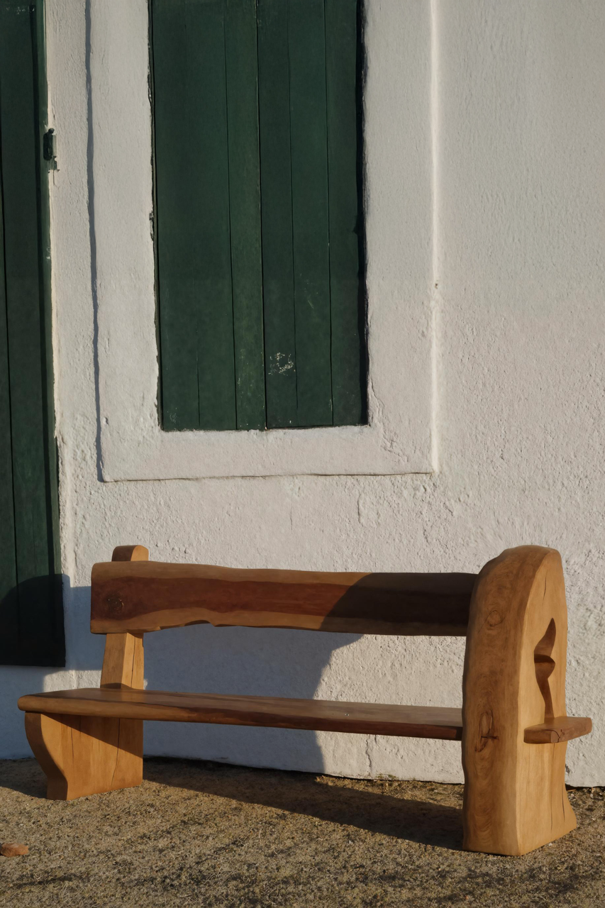 Rustic Organic Bench With Sculptural Armrest For Garden Or Entryway Kitchnce