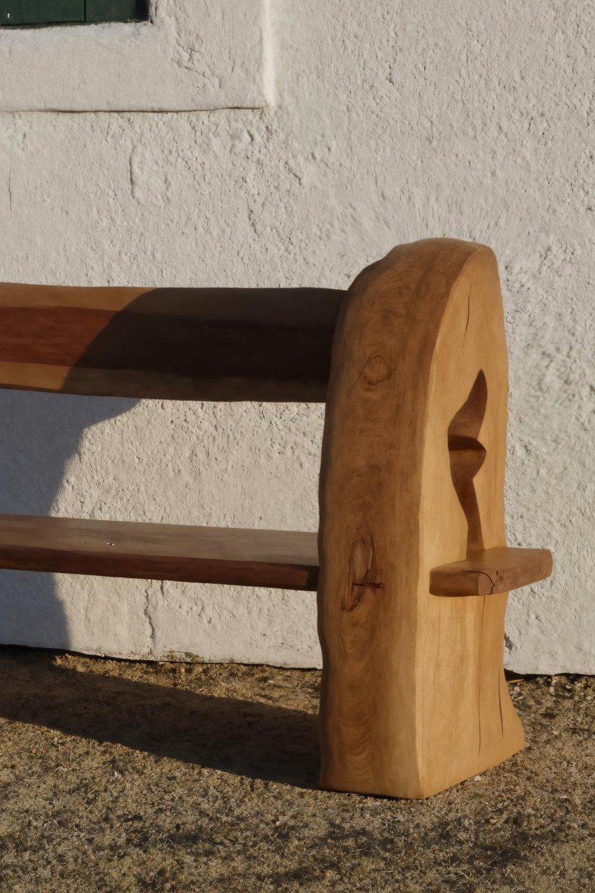 Rustic Organic Bench With Sculptural Armrest For Garden Or Entryway Kitchnce