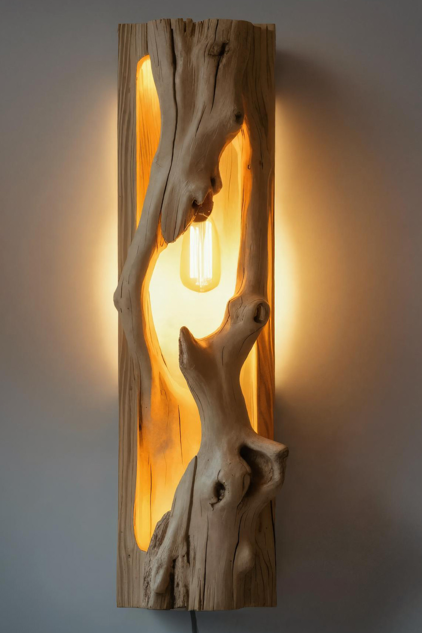 Minimalist Driftwood Wall Sconce With Ambient Glow For Rustic Decor Kitchnce