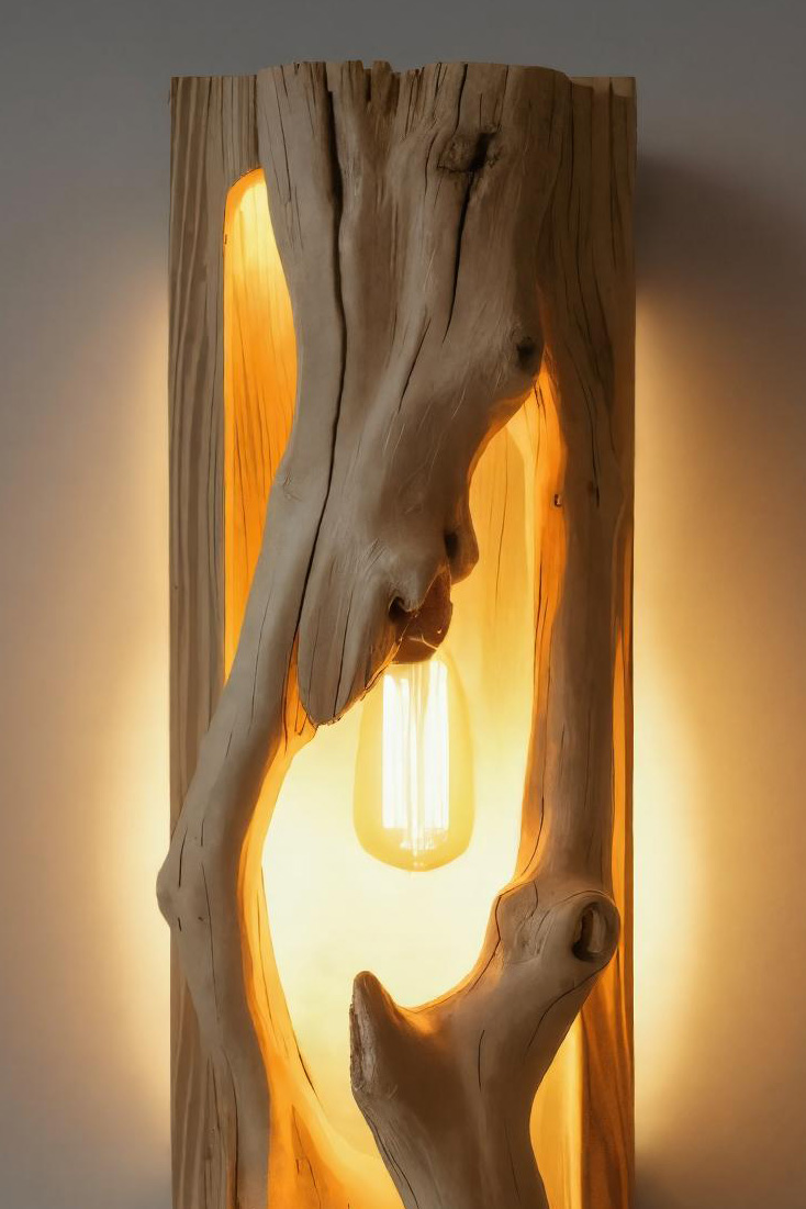 Minimalist Driftwood Wall Sconce With Ambient Glow For Rustic Decor Kitchnce