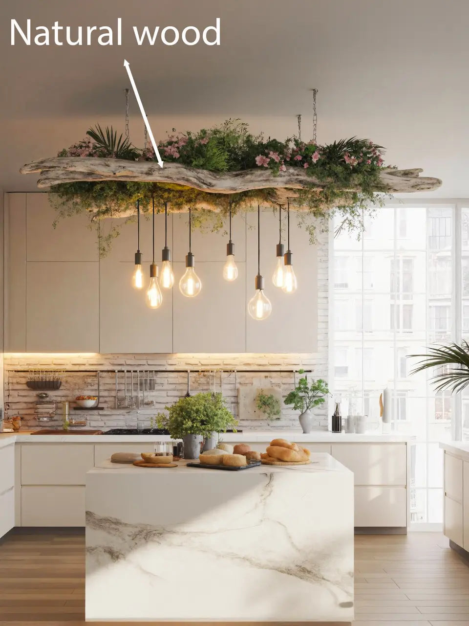 Rustic Driftwood Ceiling Light With Hanging Bulbs For Dining Room Kitchnce