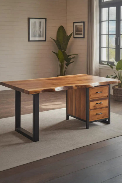 Modern Live Edge Office Desk With Drawer Storage For Workspace Kitchnce