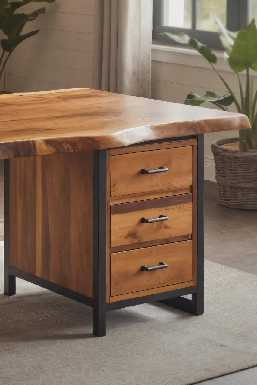 Modern Live Edge Office Desk With Drawer Storage For Workspace Kitchnce