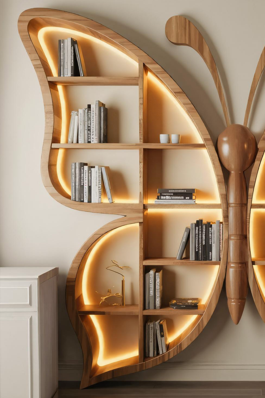 Artistic Butterfly Bookshelf With LED For Living Room Or Bedroom Kitchnce