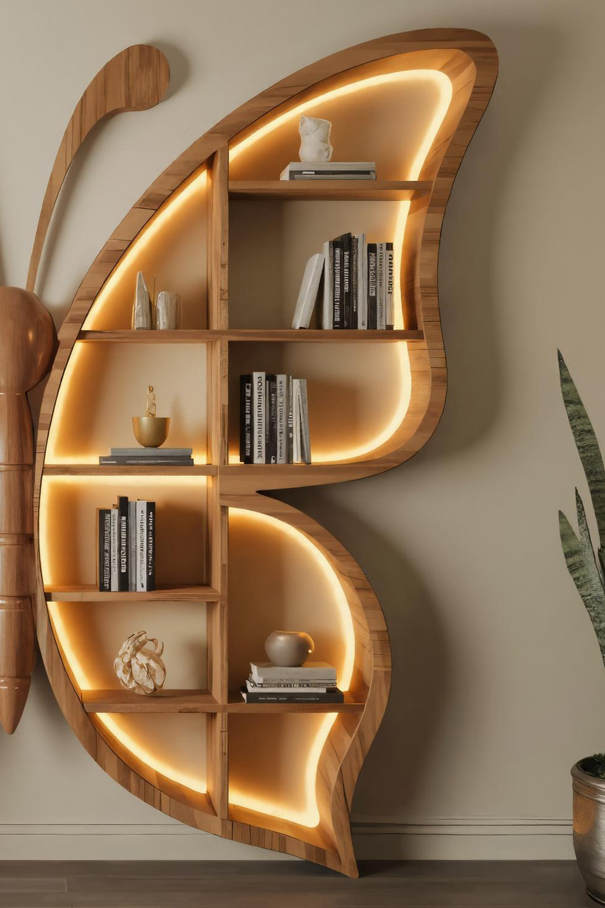 Artistic Butterfly Bookshelf With LED For Living Room Or Bedroom Kitchnce